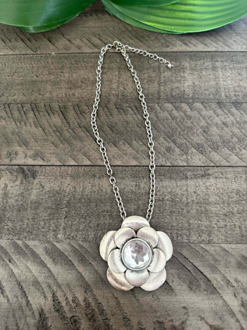 Silver Floral Pendant Necklace with Clear Gem